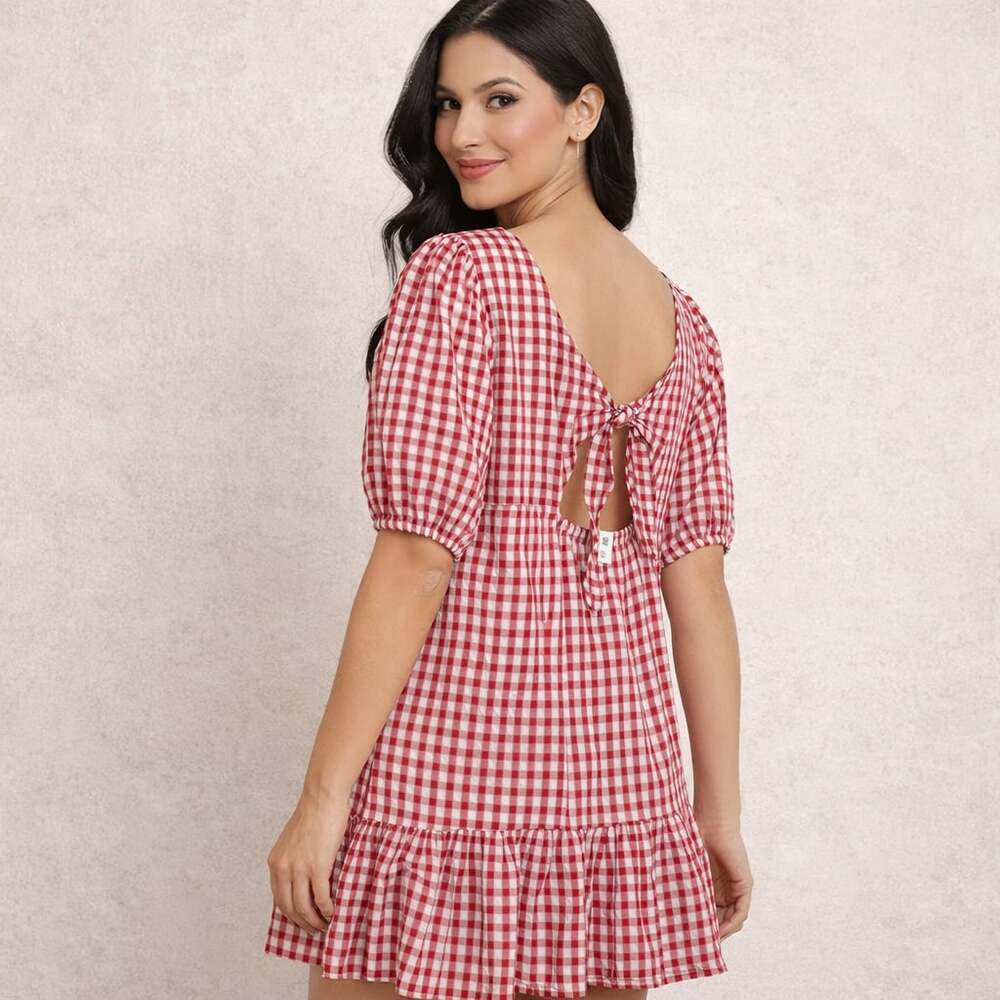 LOFT Red White Gingham Babydoll Dress Size 10 Puff Sleeve Tie Back Cottagecore